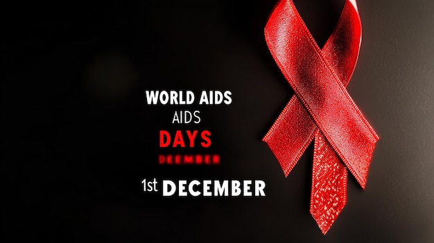 Photo red ribbon on black background with world aids day text