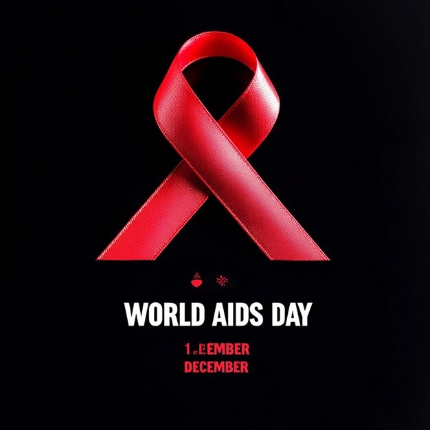 Photo red ribbon on black background with world aids day text