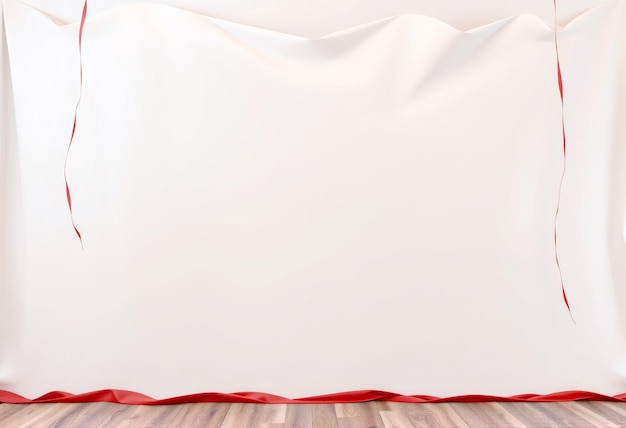 Photo red ribbon drapes down on a white wall with a wooden floor in the foreground