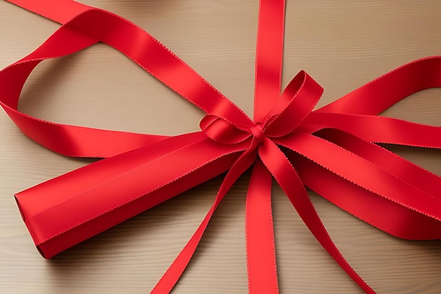 a red ribbon with a bow on it is tied to a wooden board