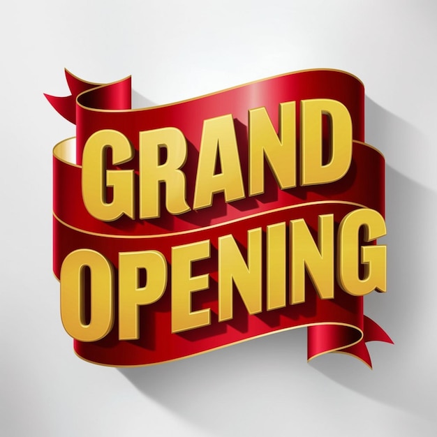 a red ribbon with a gold border that says grand opening