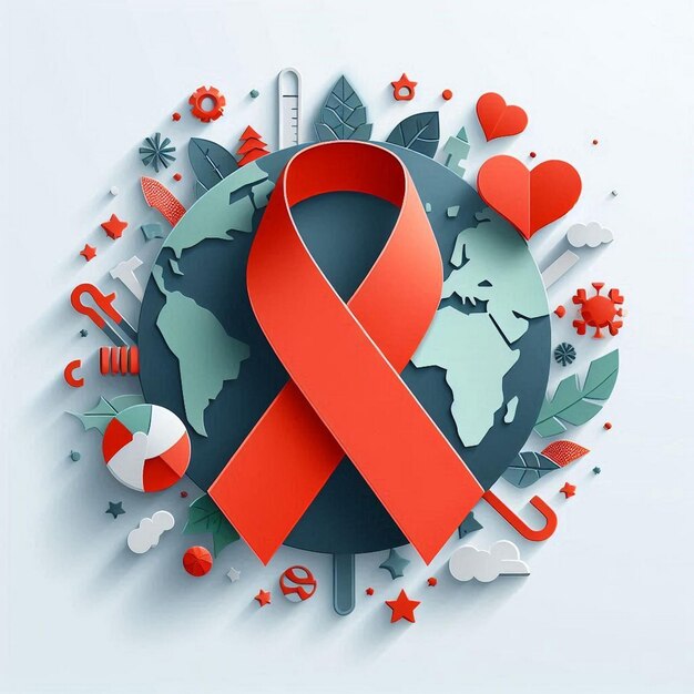 a red ribbon with a heart on it and a world map on the background