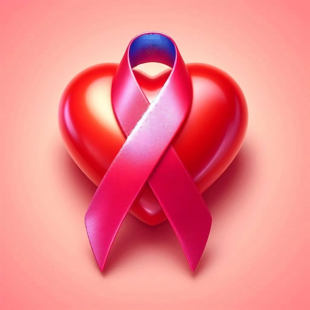 a red ribbon with a pink ribbon on it is on a pink background