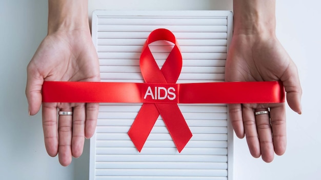 a red ribbon with the word aids on it