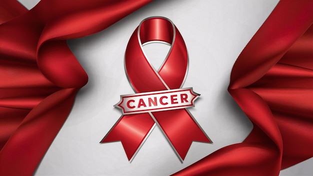 a red ribbon with the word cancer on it