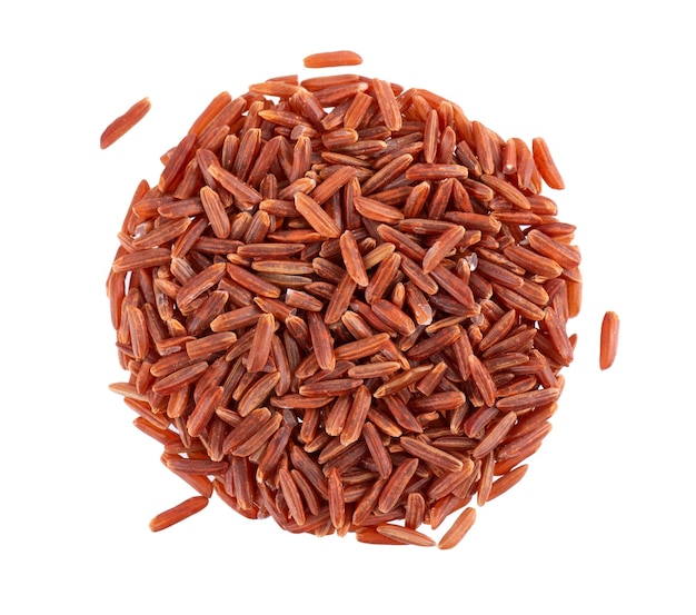 Red rice isolated on white background Whole grain raw brown rice Top view