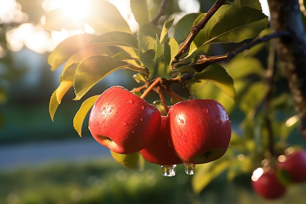 Red Ripe Apples Hanging on a Branch