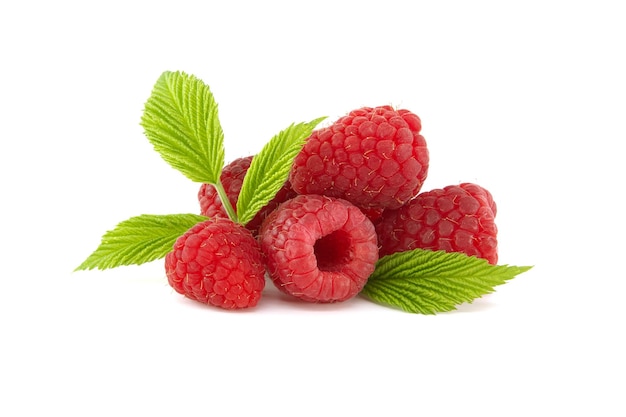 Red ripe raspberry berries with green leaves Side view isolated on white background