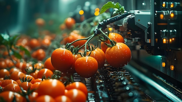 Photo red ripe tomatoes on a conveyor belt industrial food processing illustration