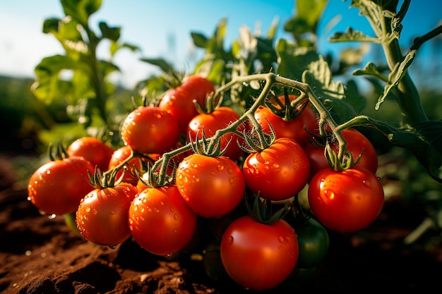 red ripe tomatoes on the vine in the garden