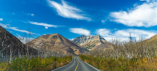 Red Rock Canyon Parkway in autumn sunny day morning. Waterton Lakes National Park, Alberta, Canada.