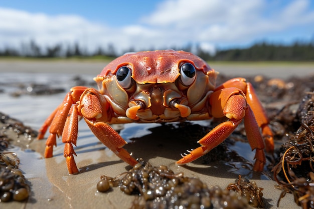 A red rock crab on a beach in Galapagos Islands Ecuador