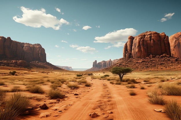 Red rock formations in a desert landscape