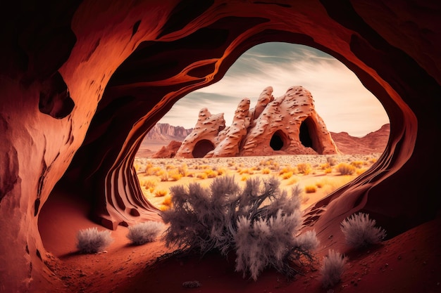 Red rock formations forming cave near desert dune created with generative ai