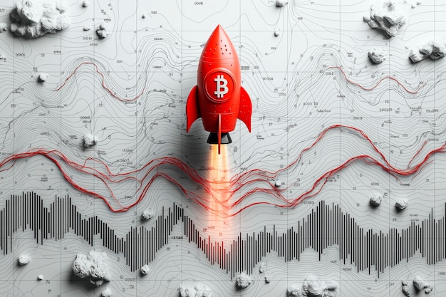 Photo red rocket with bitcoin symbol launching on a topographic map background representing bitcoins rise ai generative