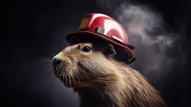 A red rodent with a red hat on.