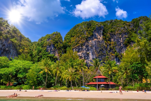 Red roof bungalow house on Railay beach west Ao Nang Krabi Th