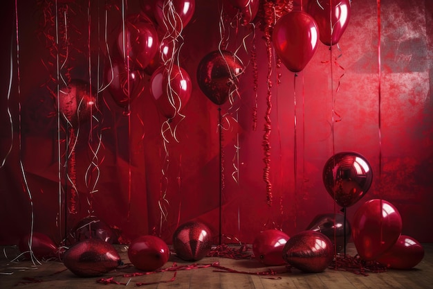 A red room filled with red balloons and red curtains