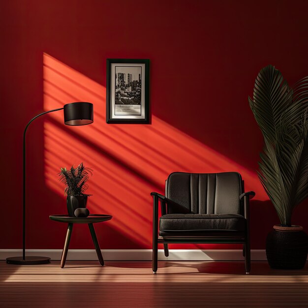 Photo a red room with a black chair and a plant on the side table