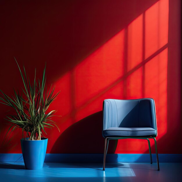 Photo a red room with a blue chair and a plant on the side table