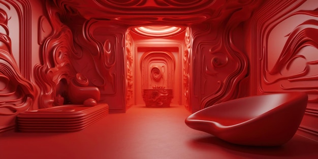 A red room with a bowl on the floor and a couch in the middle.