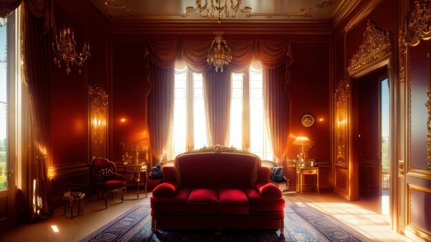 A red room with a couch and a chandelier that says " the word " on it.