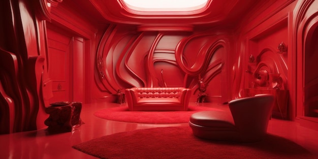 A red room with a couch and a couch in the middle of it.