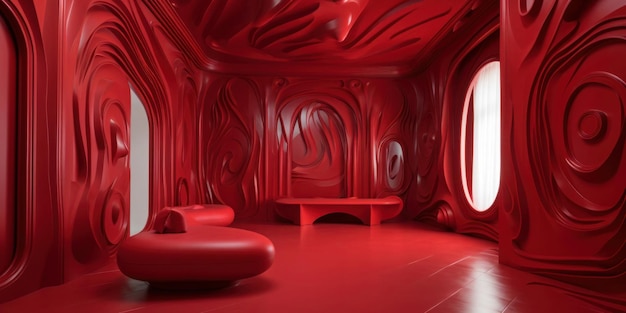 A red room with a couch and a table in the middle.