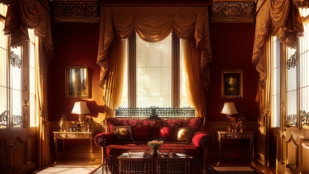 A red room with a couch and a table with a lamp on it