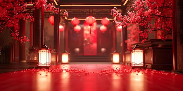 A red room with lanterns and flowers on the floor and a red carpet on the floor and a red wall