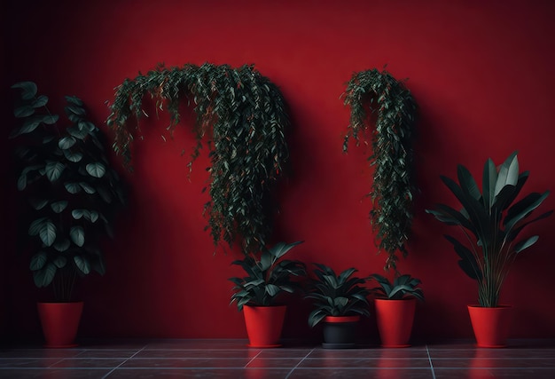 A red room with plants on the wall and a red wall.