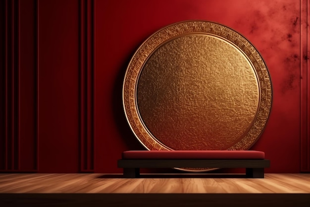 A red room with a plate on the floor and a red wall.