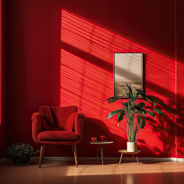 Photo a red room with a red chair and a plant on the side table