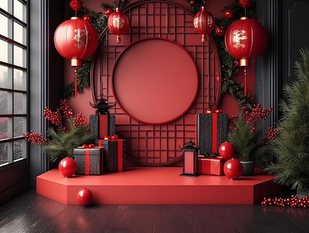 A red room with a red christmas wreath and a red round mirror