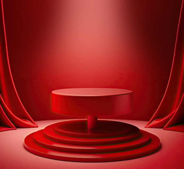 A red room with a round podium and red curtains.