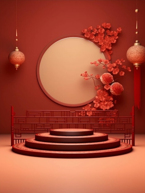 A red room with a round podium and a round white circle with a flower and red flower