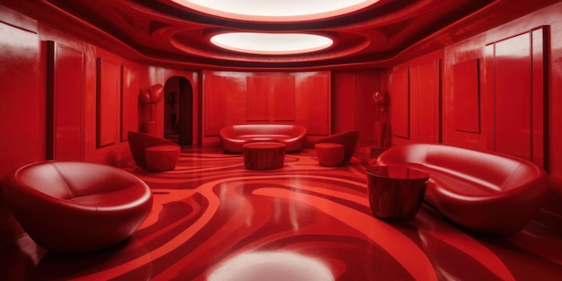 A red room with a round table and chairs.