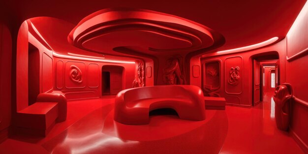 A red room with a round table and a round table with a red couch in the center.