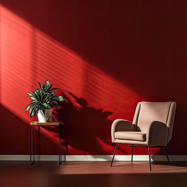 Photo a red room with a white chair and a plant on the side table