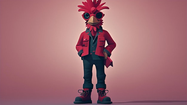 Red Rooster Cartoon Character in Stylish Clothes