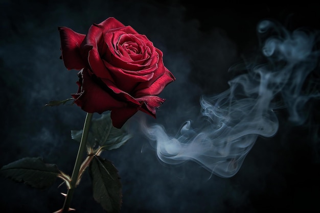 Red rose on a black background with smoke and fog Copy space