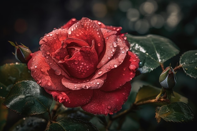 Red rose blooming bathed in dew generative IA