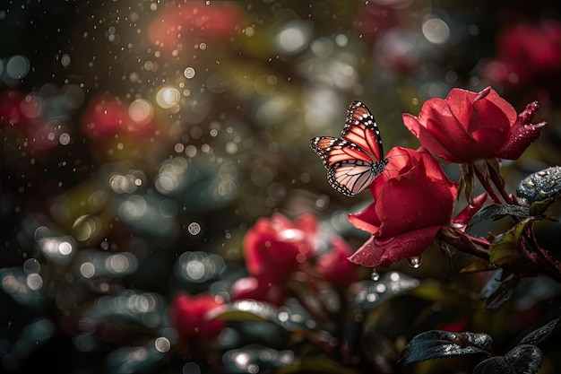 Red rose blooming in enchanted garden Butterflies take flight generative IA