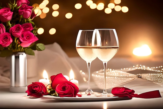 Red rose and champagne are romantic symbols