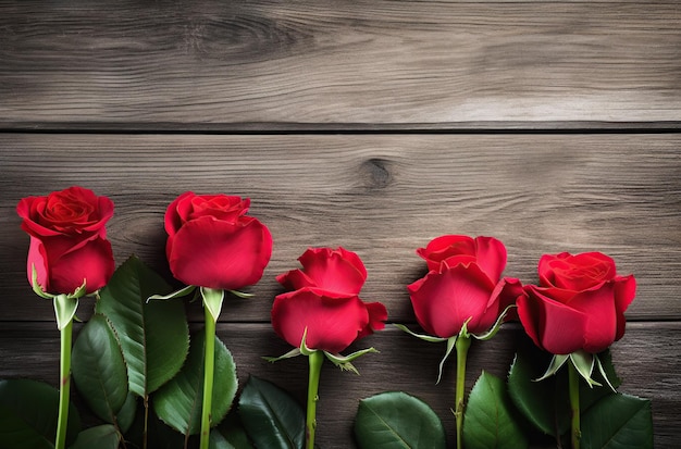 Red rose composition on wooden tabletop