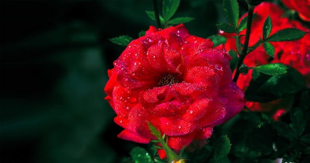 A red rose flower in dew drops on a summer morning closeup with a copy space