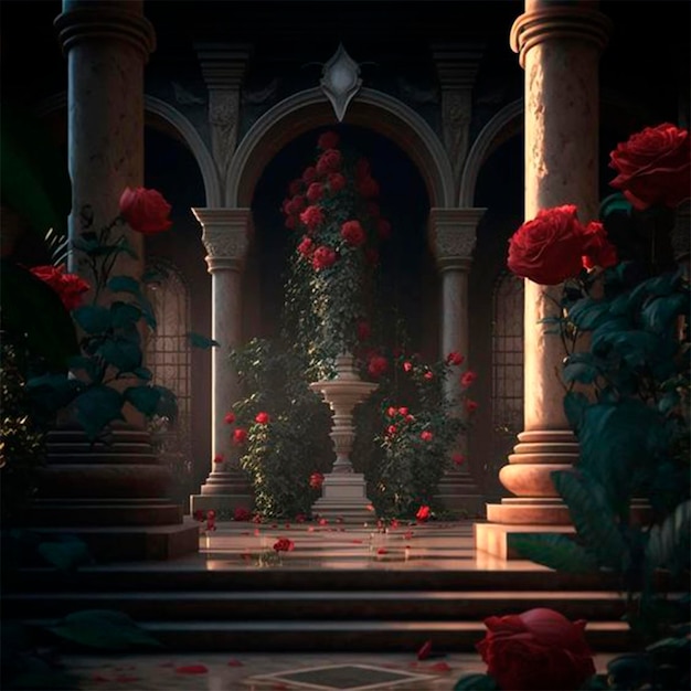 Photo a red rose garden with a large stone pillar in the background