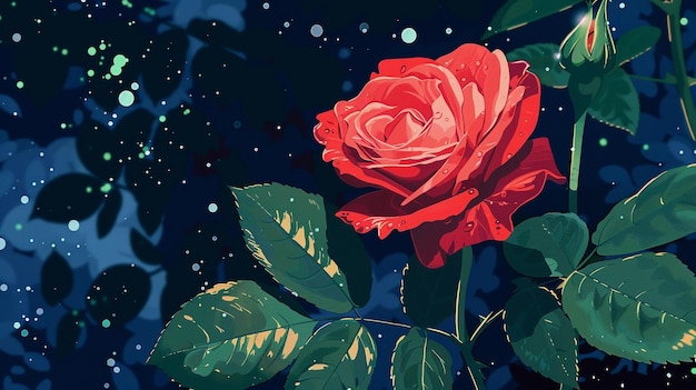 Red Rose Green Leaves Night Bloom