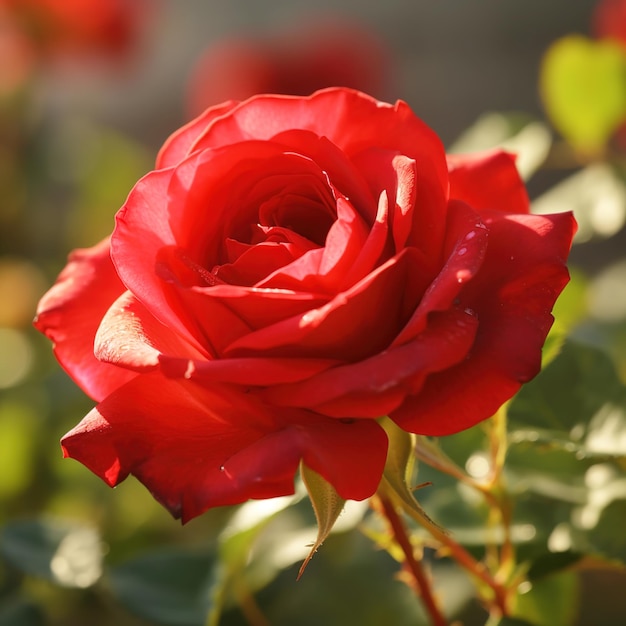 A red rose is blooming in the garden.