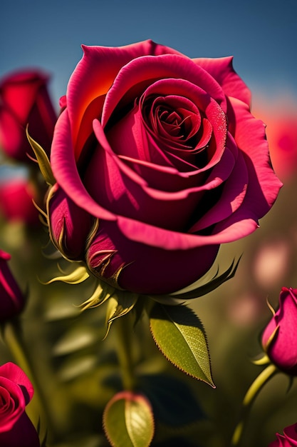 A red rose is in the foreground of a blue sky.